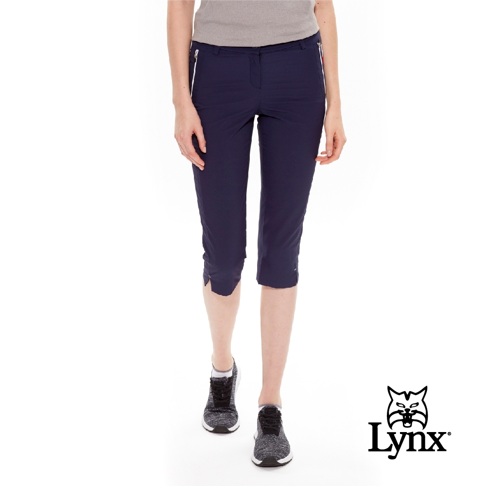 【Lynx Golf】女款吸濕排汗小山貓LXG繡花運動七分褲-深藍色