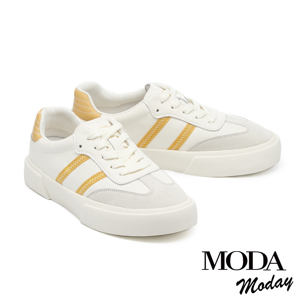 休閒鞋  MODA MODAY 復古質感牛皮綁帶厚底休閒鞋－黃