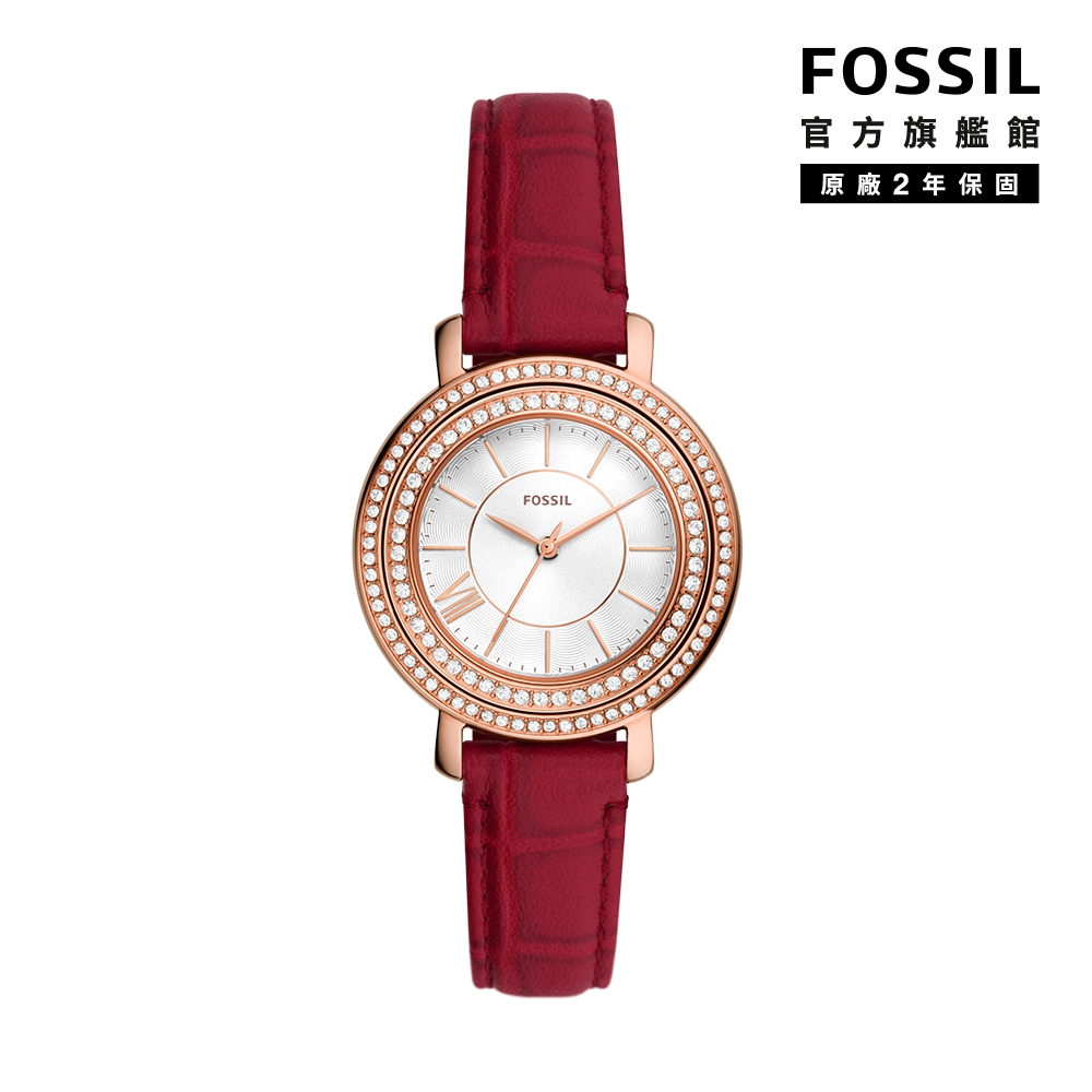 FOSSIL Jacqueline 環鑽迎春雕花兔翻轉女錶 紅色皮革錶帶 34MM ES5248