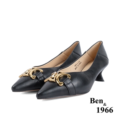 Ben&1966高級羊皮流行尖頭釦飾低跟鞋-黑(218281)