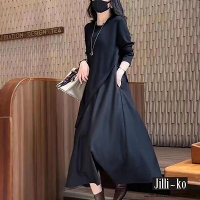JILLI-KO 假兩件拼接圓領中長款A字連身洋裝- 黑色