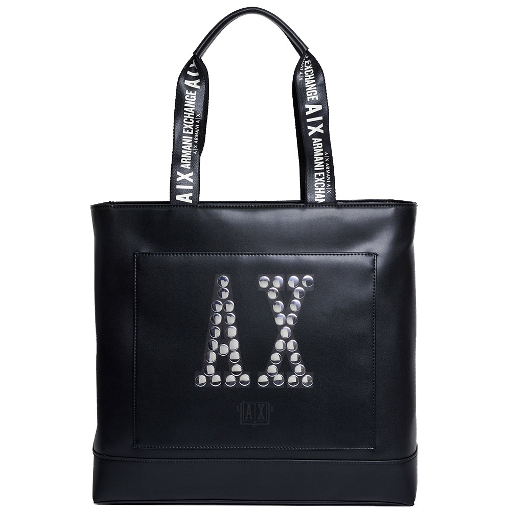 A|X ARMANI EXCHANGE 銀色鉚釘字母LOGO圖騰手提肩背托特包(黑)