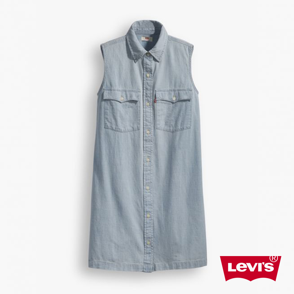 Levis 連身牛仔洋裝 長版襯衫 無袖淺色丹寧 水洗刷白