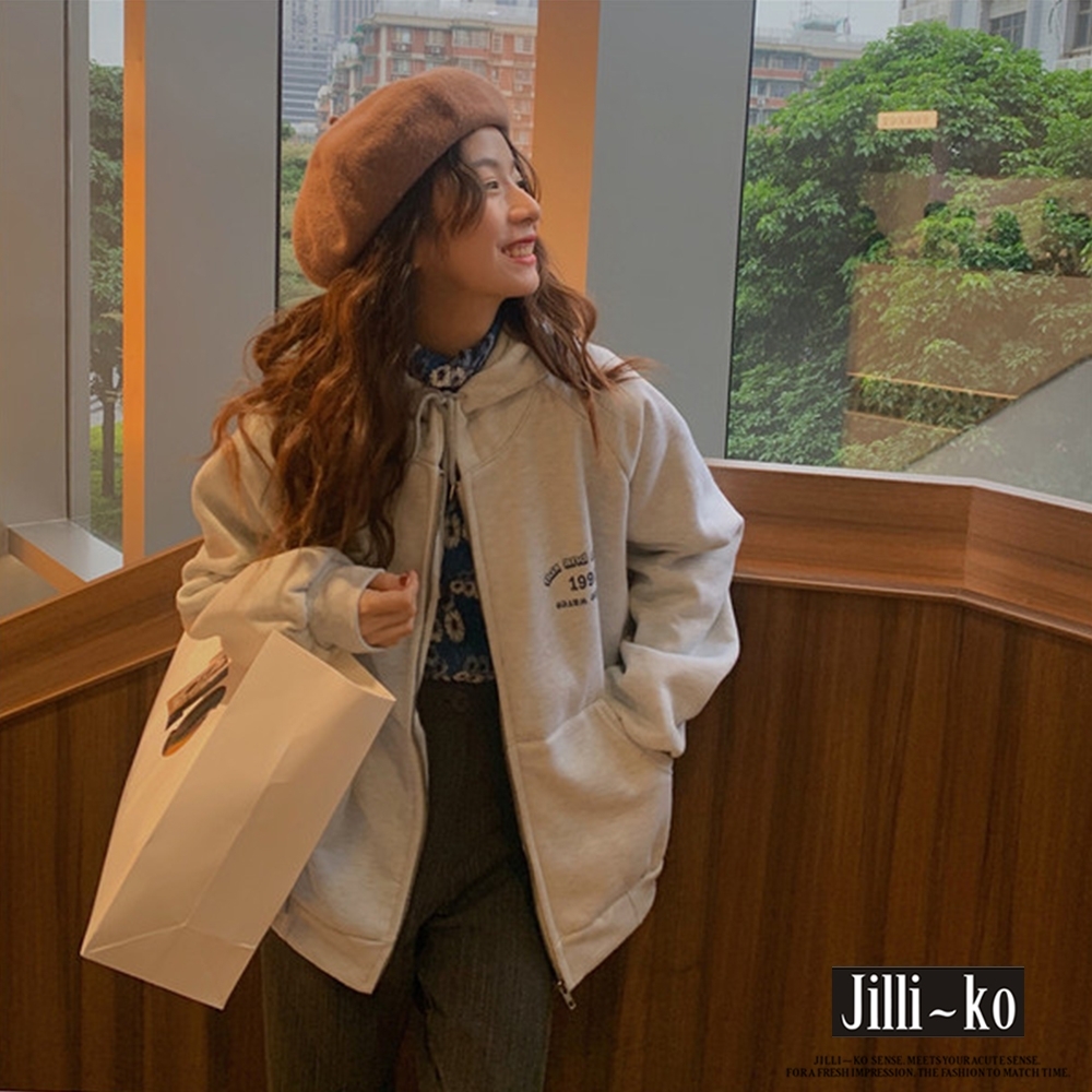 JILLI-KO 厚款印花拉鍊連帽外套- 灰色