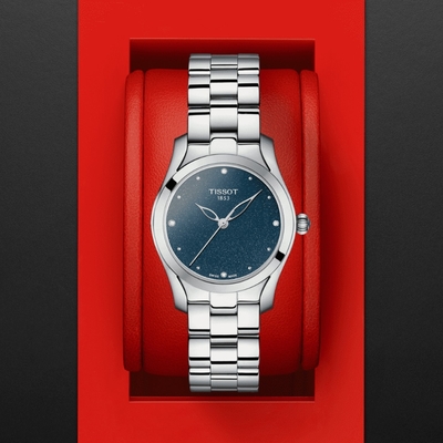 TISSOT天梭 官方授權 T-WAVE簡約經典真鑽腕錶-藍 母親節 禮物 30mm/T1122101104600