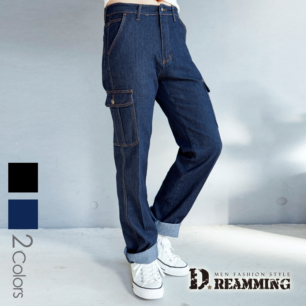 Dreamming 簡約素面多口袋伸縮牛仔褲 工裝褲 工作褲-共二色 product image 1