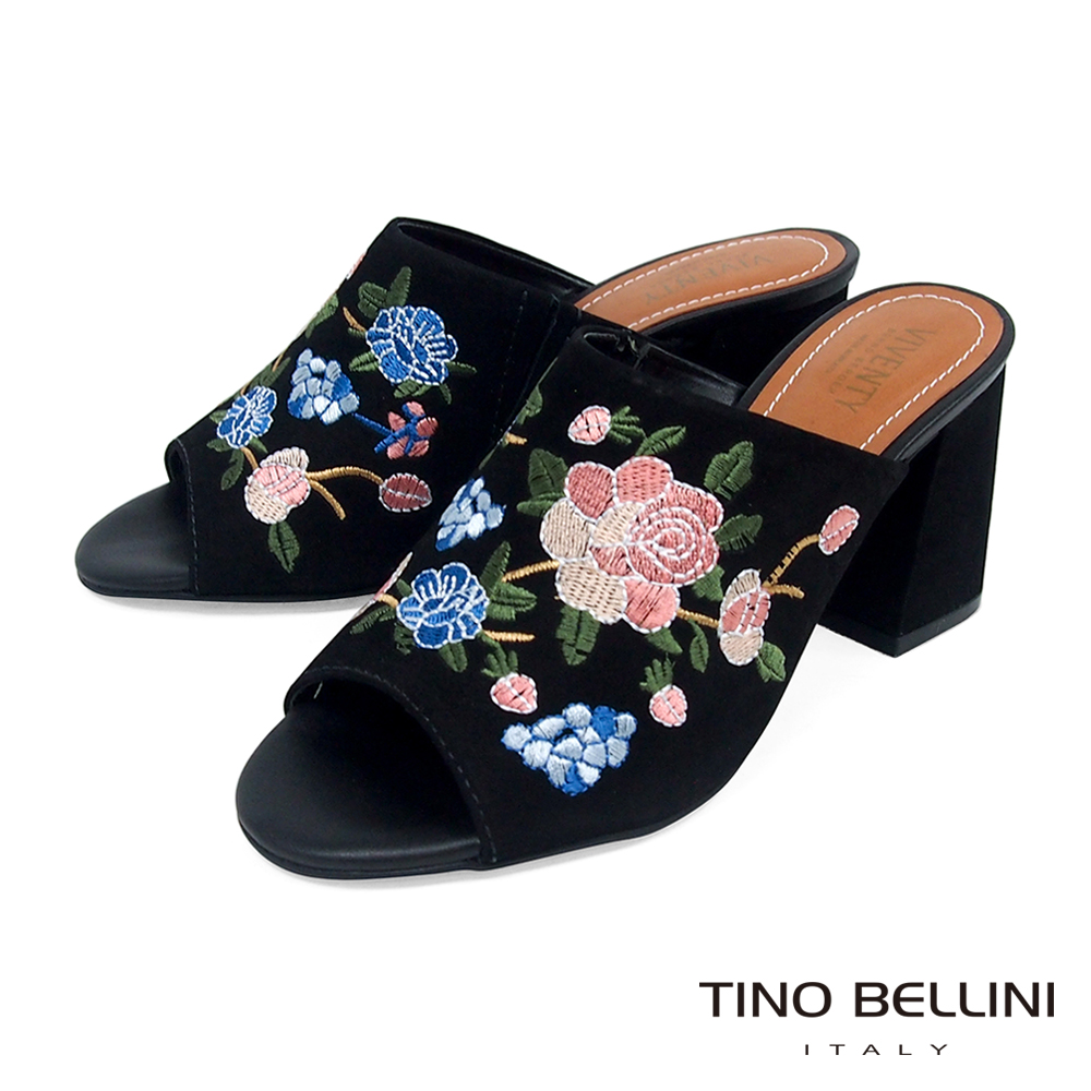 Tino Bellini 巴西進口絕美刺繡花妍高跟魚口涼拖鞋 _ 黑