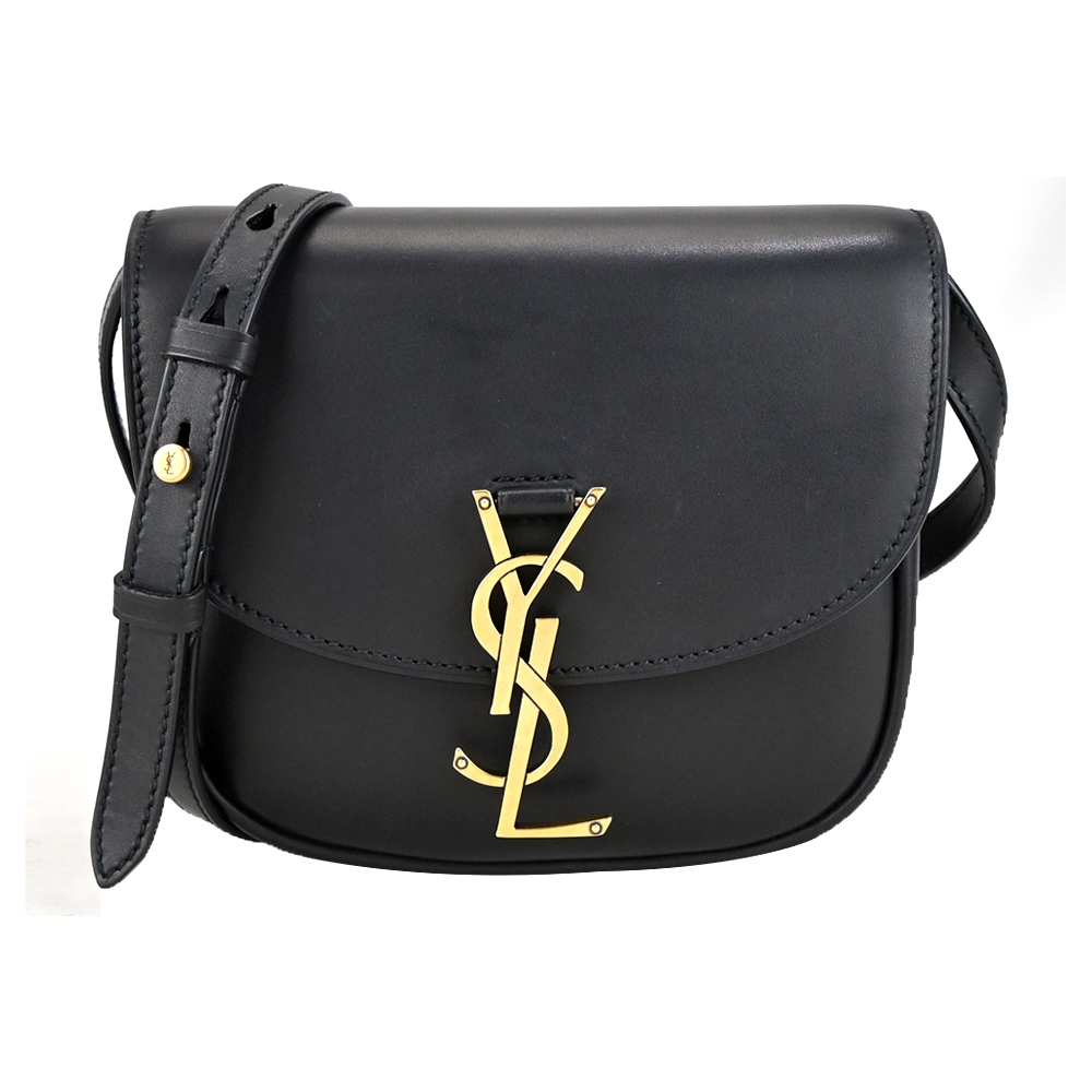 YSL SAINT LAURENT KAIA 經典LOGO光滑小牛皮翻蓋斜背包(黑)