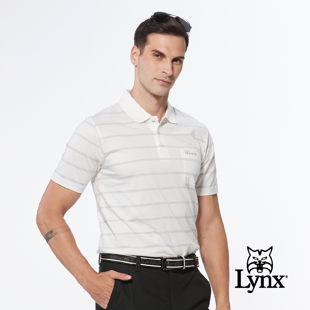 【Lynx Golf】男款純棉絲光條紋緹花胸袋款短袖POLO衫-白色