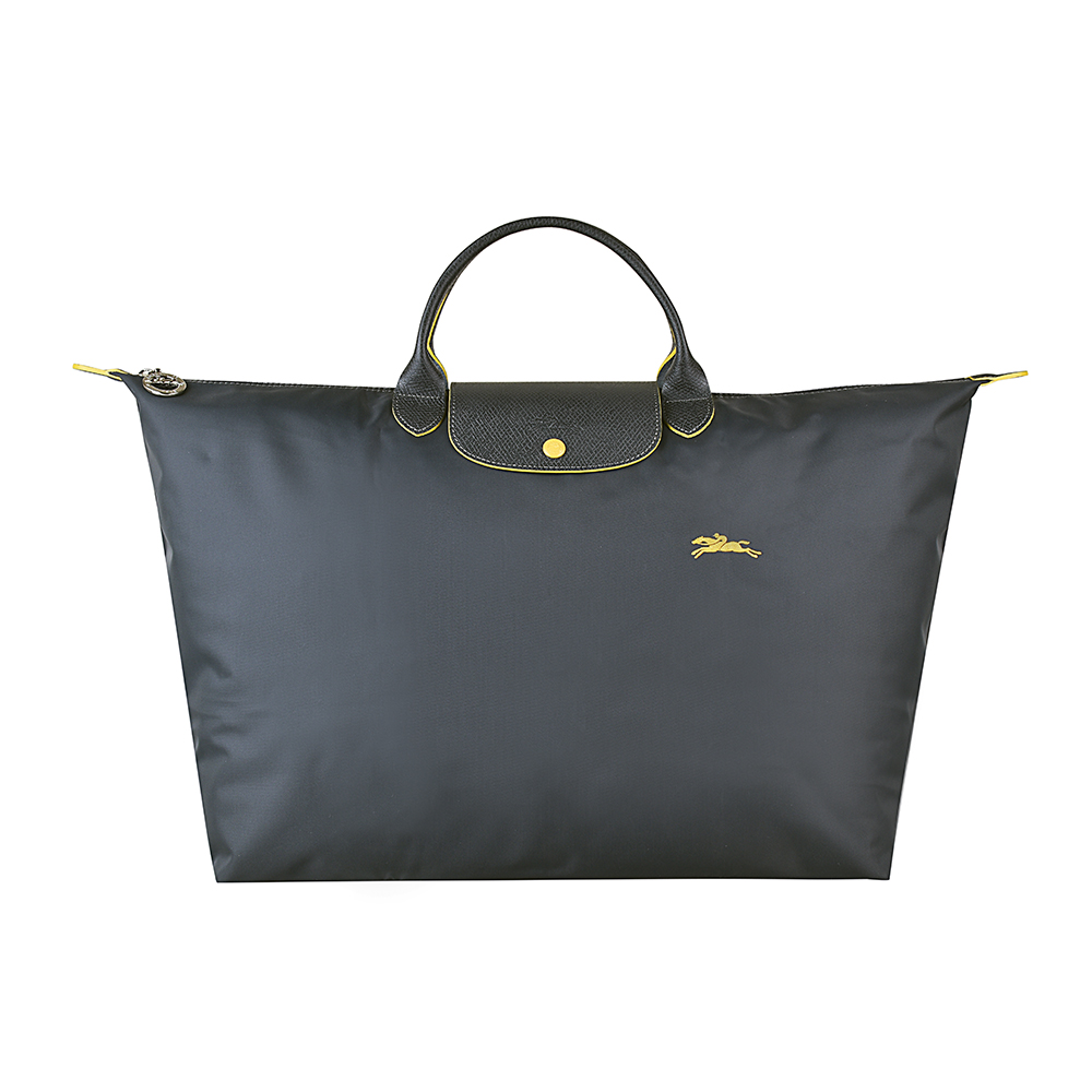 LONGCHAMP COLLECTION系列刺繡LOGO尼龍摺疊款短把手提包(大/槍銅x黃