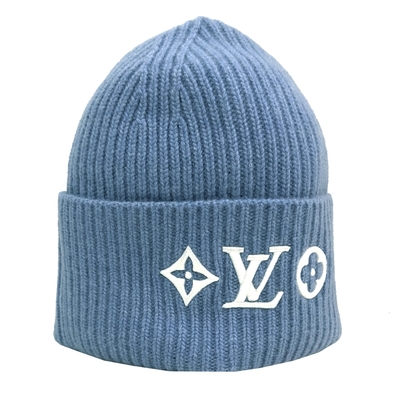 【Louis Vuitton 路易威登】 M79451 經典Monogram花卉圖案Headline純羊毛針織冷帽/毛帽(藍色)