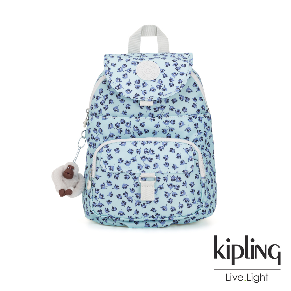 Kipling 典雅淡藍小花前扣多隔層後背包-QUEENIE