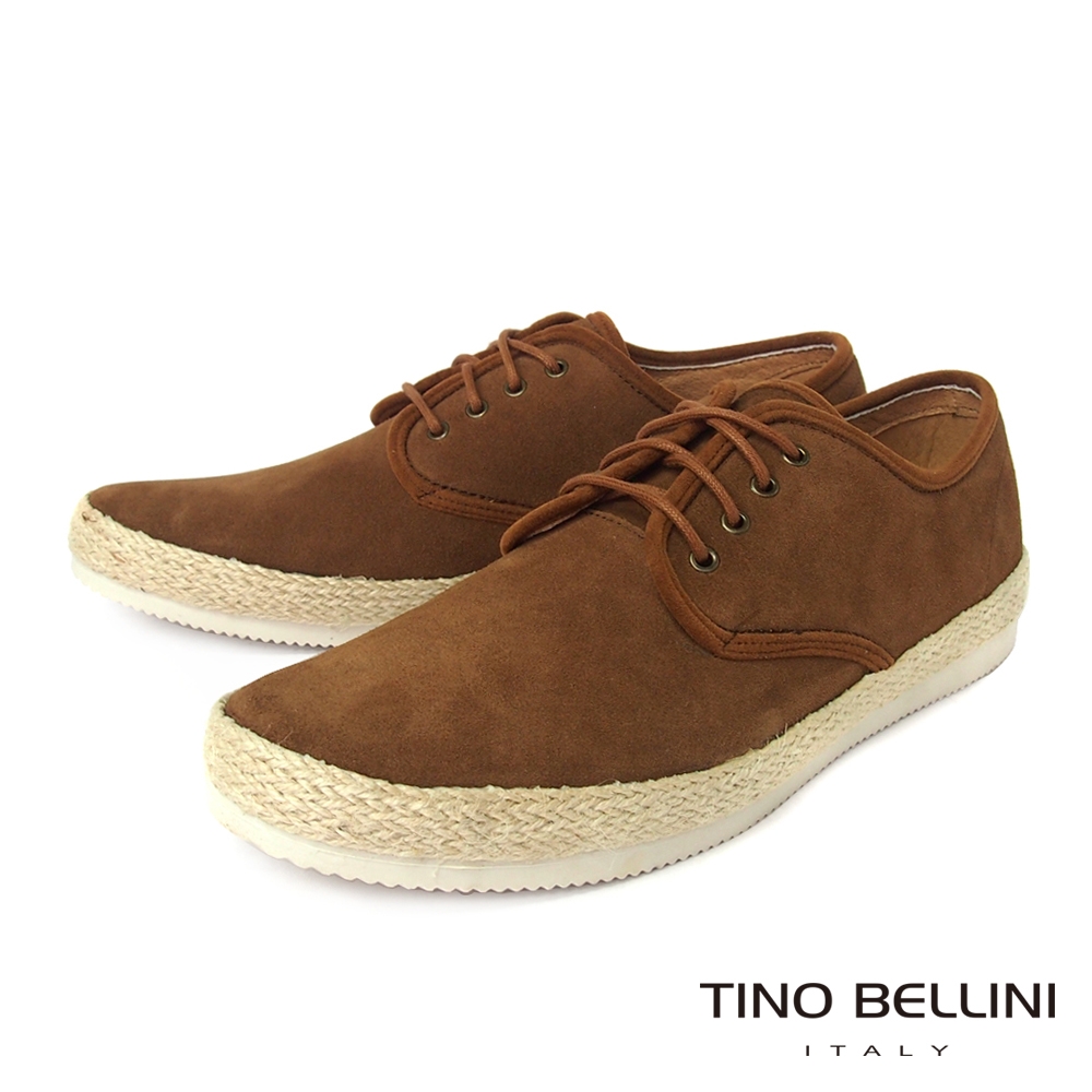 TINO BELLINI 男款 牛皮草編拼接綁帶休閒鞋-棕