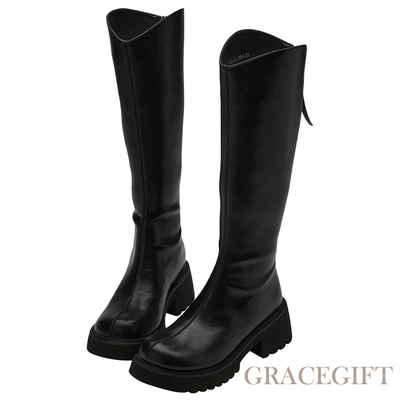 【Grace Gift】顯瘦V口造型厚底膝下靴 黑