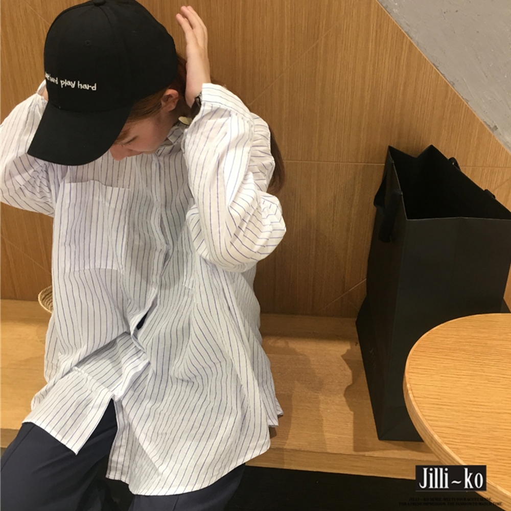 JILLI-KO 基本款寬鬆直條襯衫- 白