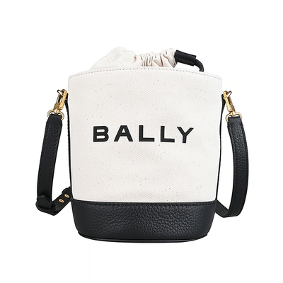 BALLY Bar字母LOGO帆布拼接牛皮斜背水桶包(迷你/白x黑)