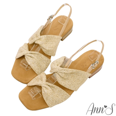 (季末換季出清)Ann’S水洗牛皮-亞麻蝴蝶結木紋跟方頭涼鞋-米