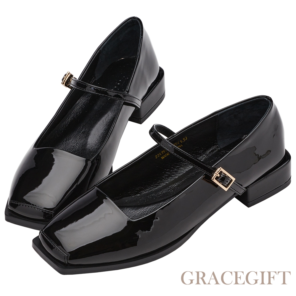 【Grace Gift】Alice聯名-優雅芭蕾低跟瑪莉珍鞋 黑漆
