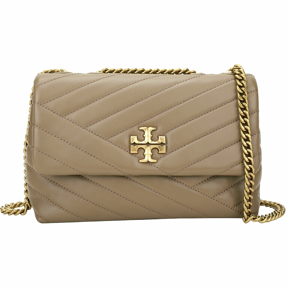 TORY BURCH Kira Chevron 小款 絎縫小羊皮翻蓋式鍊帶肩/斜背包(灰棕色)