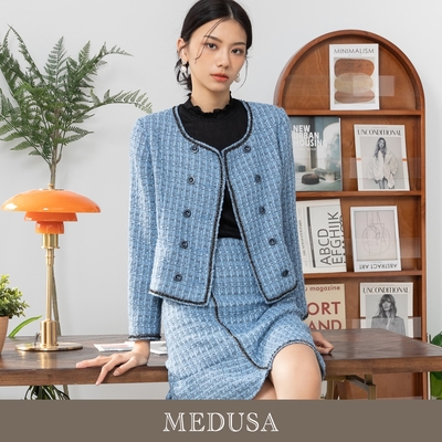 現貨【MEDUSA 曼度莎】雙排釦 藍黑毛呢小香風外套（M-XL）｜女外套 西裝外套 毛呢外套