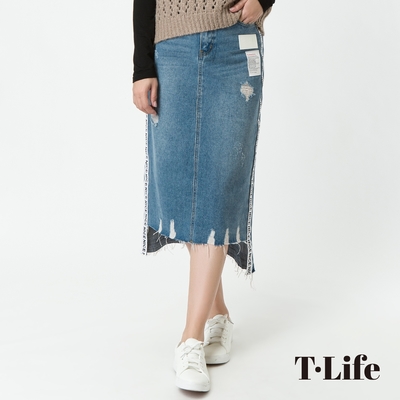 T.Life 美式自由織標設計前短後長牛仔裙(1色)