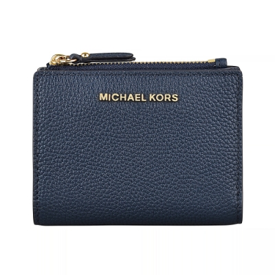 MICHAEL KORS JET SET 金字LOGO 荔枝紋牛皮8卡釦式短夾(深藍)