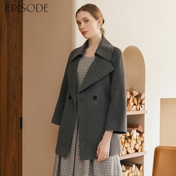 EPISODE - 優雅大翻領插肩綁帶羊毛大衣外套E35C02（灰）