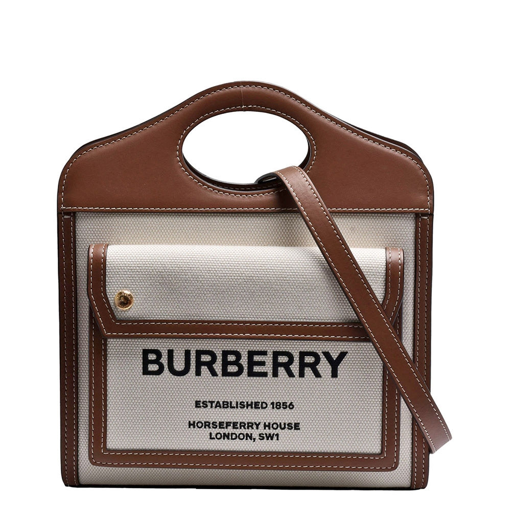 BURBERRY Louise標誌圖案雙色帆布皮革飾邊手提/斜背包(自然色/麥芽棕)