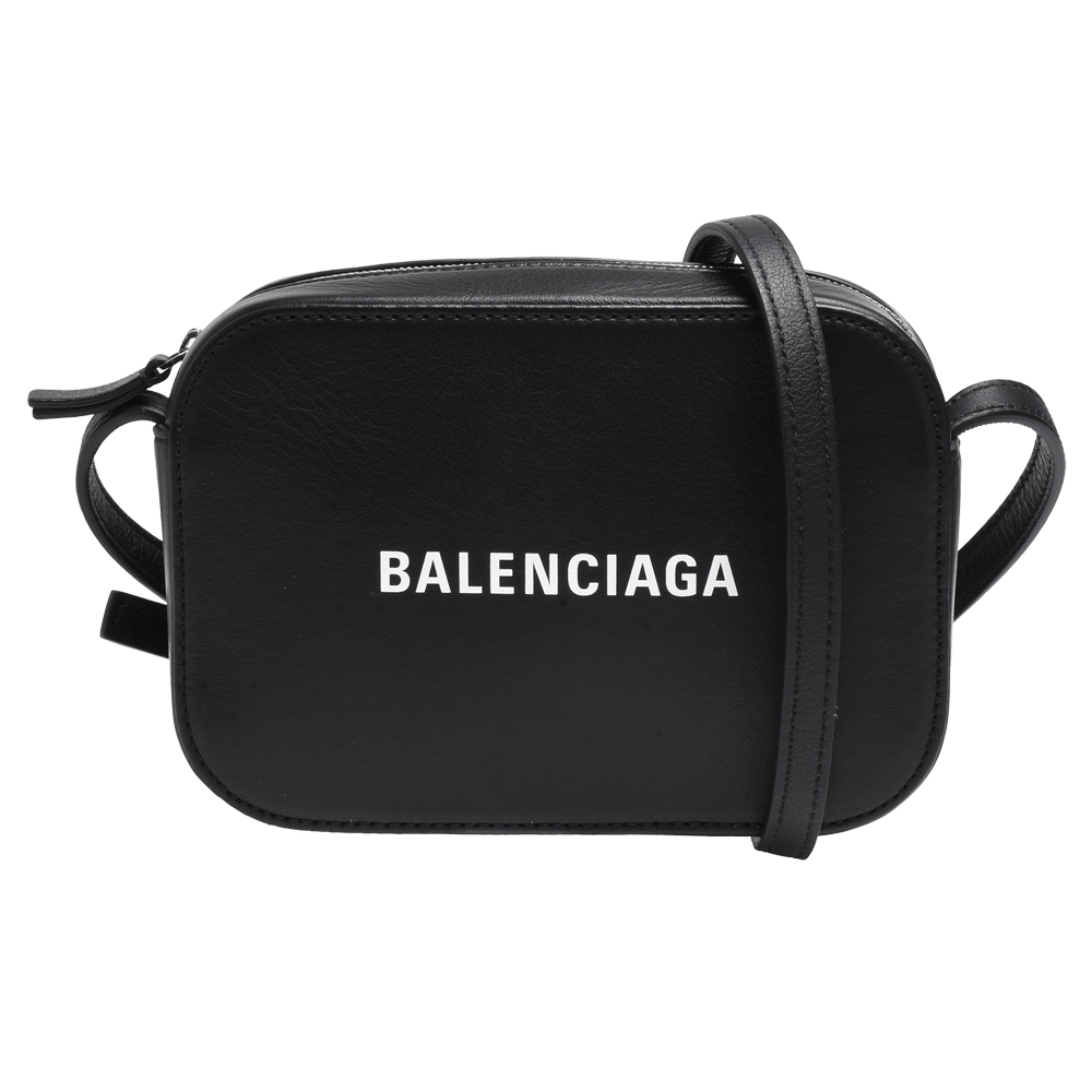 BALENCIAGA EVERYDAY系列白色字母LOGO小牛皮肩/斜背相機包(迷你-黑)