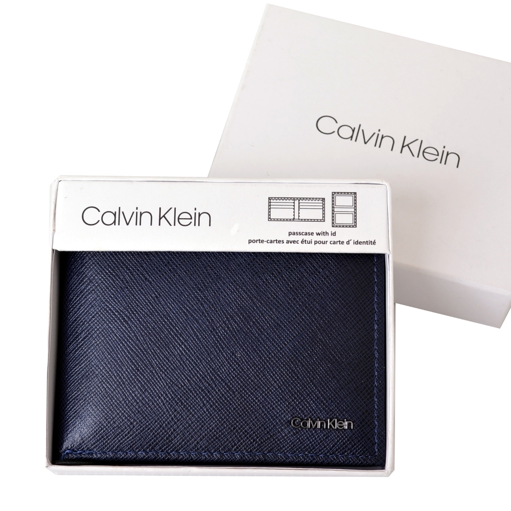 Calvin Klein CK銀字LOGO經典防刮皮革多卡雙摺短夾-質感深藍