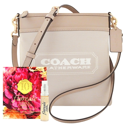 COACH 專櫃款奶茶色厚織帆布撞色拼接斜背包+VINCE CAMUTO Floreale 隨身小香