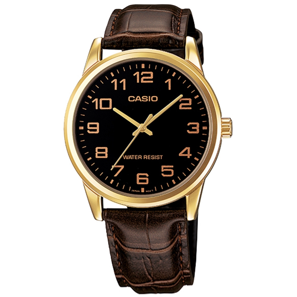 CASIO 卡西歐 簡約紳士 數字刻度 壓紋皮革手錶 黑x金框x深褐 MTP-V001GL-1B 38mm
