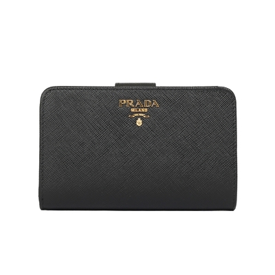 PRADA SAFFIANO 防刮皮革金屬字母釦式中夾(黑)