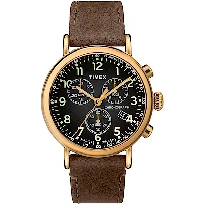 TIMEX 天美時 復刻系列 三眼計時復古手錶-黑x咖啡色錶帶/41mm