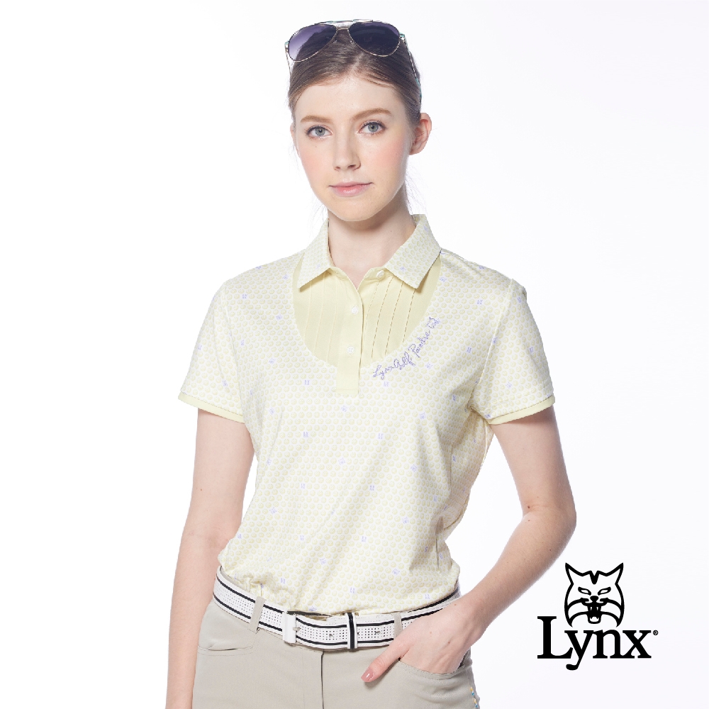 【Lynx Golf】女款吸濕排汗假兩件式滿版高爾夫球印花短袖POLO衫/高爾夫球衫-淺黃色