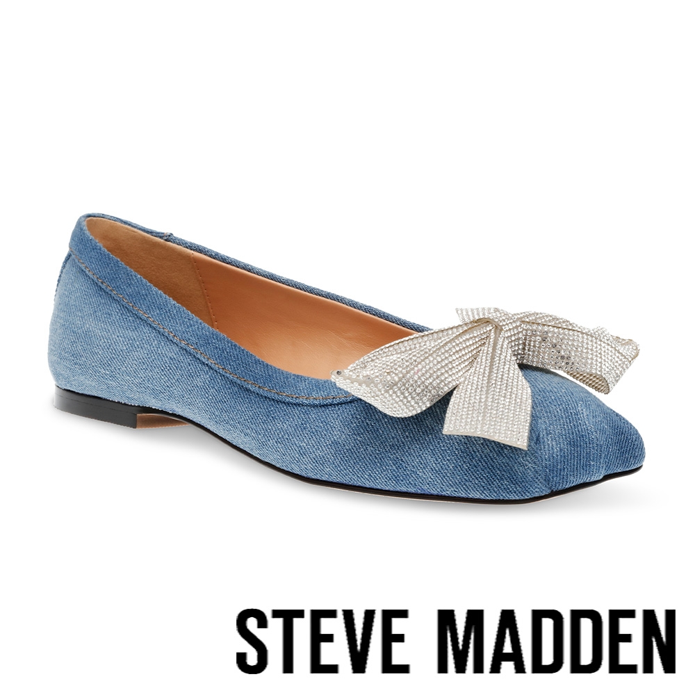 STEVE MADDEN-VERANO 鑽面蝴蝶結小方頭平底娃娃鞋-牛仔藍