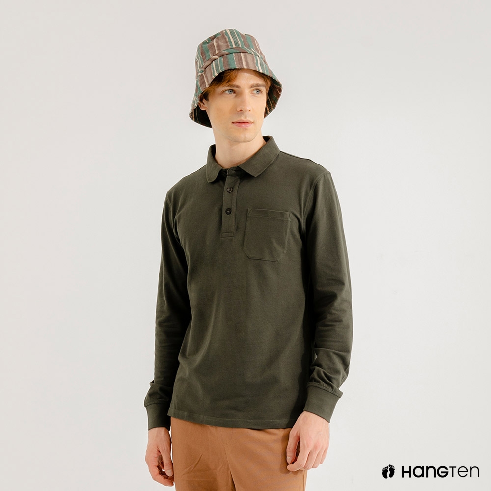 Hang Ten男裝-口袋長袖POLO衫(綠色)