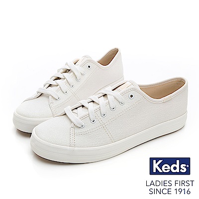 Keds KICKSTART 珠光布面綁帶休閒鞋-白