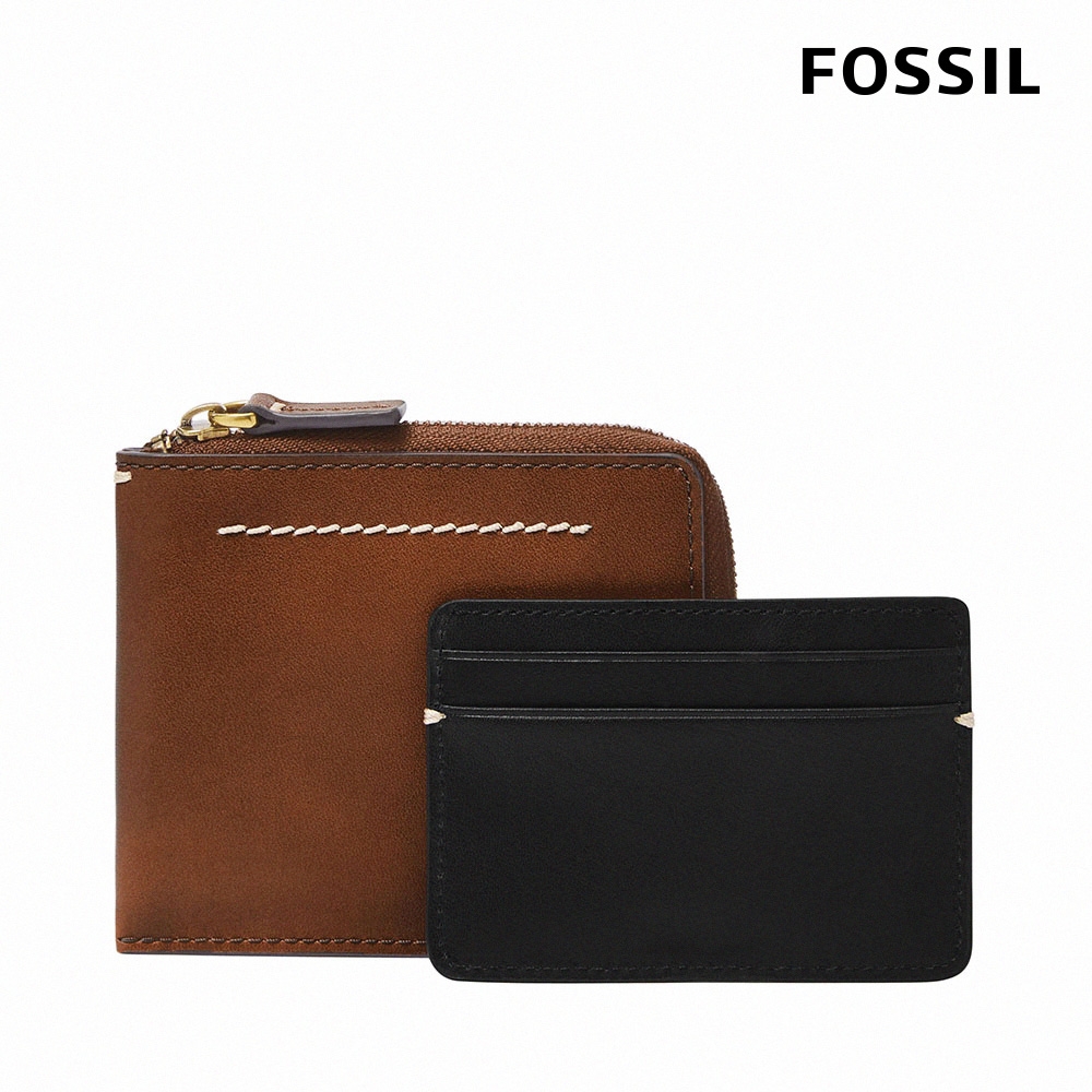 FOSSIL Westover 真皮拉鍊L型卡片夾包2件組-咖啡色 ML4594210  (禮盒組附鐵盒)