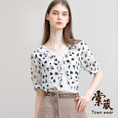 【TOWNWEAR棠葳】滿版印花拼接蕾絲雪紡上衣(女上衣/女上著/透膚/印字/短袖)