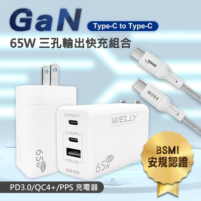 WELLY 65W氮化鎵GaN 極速充電器三孔輸出(白色)+接口加固 Type-C to Type-C傳輸充電線組(100cm)