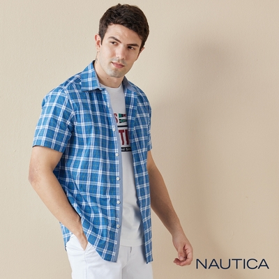 Nautica 男裝 吸濕排汗海洋風格紋透氣短袖襯衫-深藍色