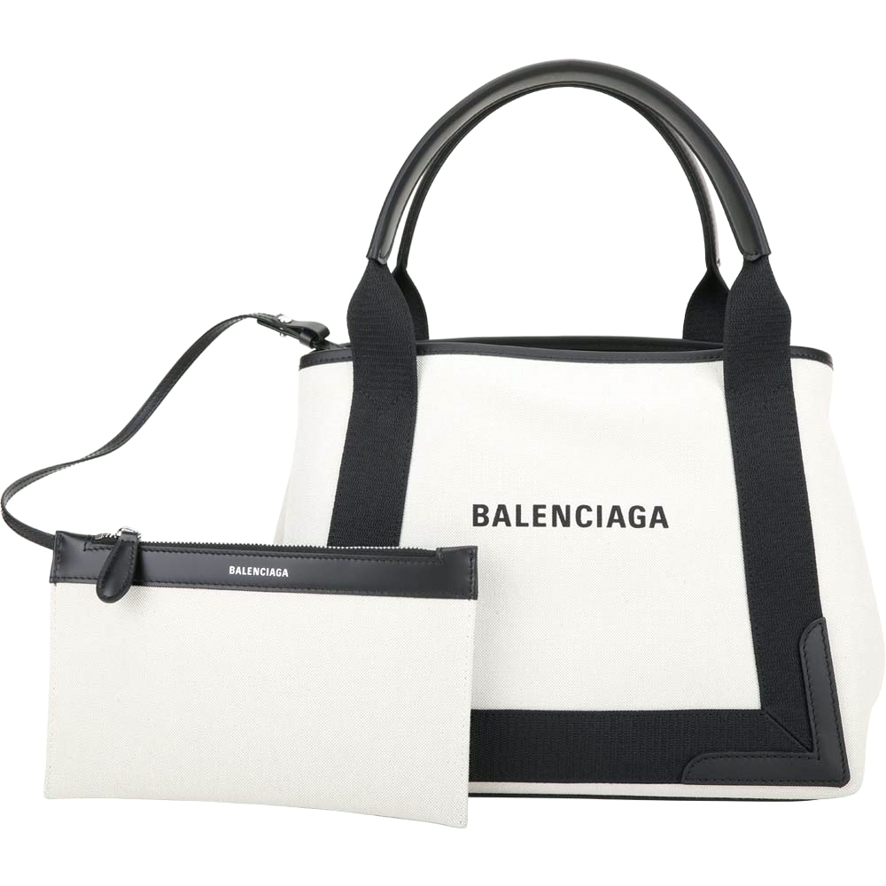 BALENCIAGA Navy Cabas S 品牌字母帆布手提/肩背包(白色/附萬用包)