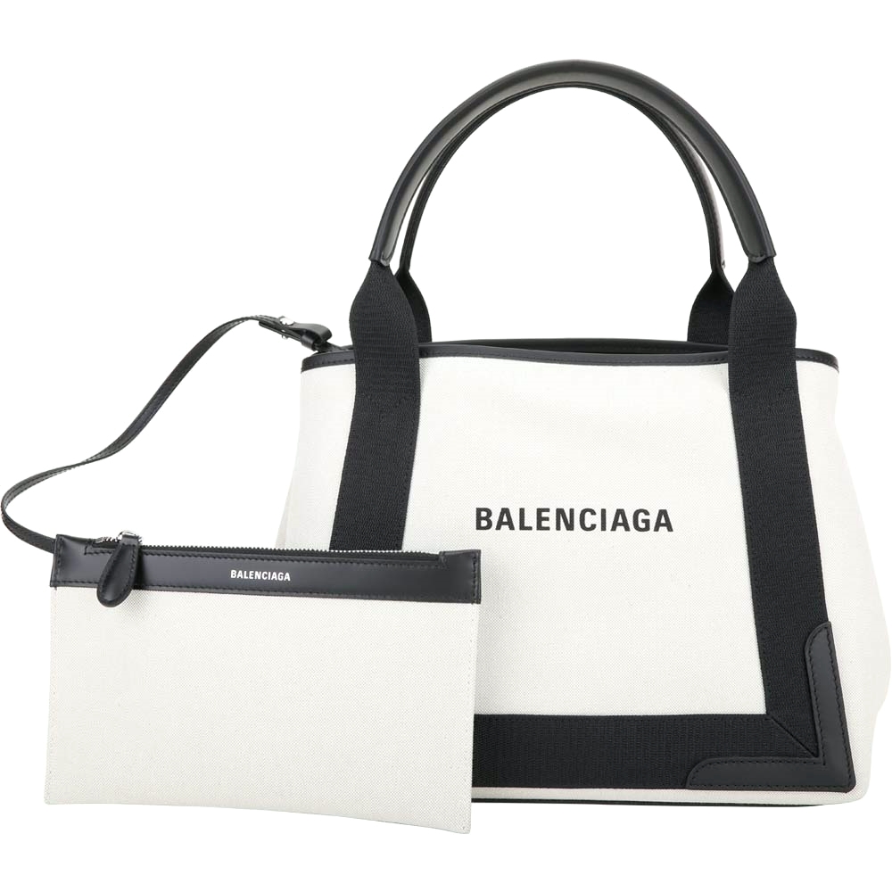 BALENCIAGA Navy Cabas S 品牌字母帆布手提/肩背包(白色/附萬用包