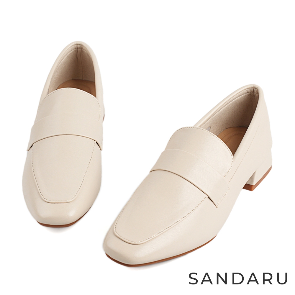 山打努SANDARU-樂福鞋 經典素面小方頭低跟鞋-米