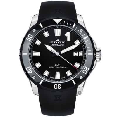 EDOX CO-1 快艇潛將 300米潛水機械錶-黑/42mm(E80119.3N.NIN)