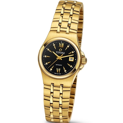 TITONI瑞士梅花錶 動力系列自動機械女錶 (23730 G-515)-黑面金色鍊帶/27mm