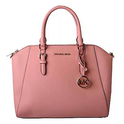 MICHAEL KORS CIARA 金色LOGO素面防刮牛皮扇型包-蜜桃粉(大)