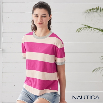 Nautica 女裝 撞色包邊條紋短袖T恤-粉色