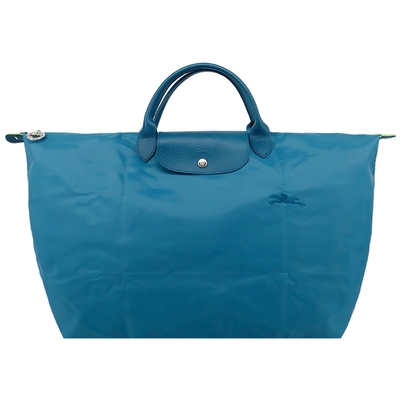 LONGCHAMP LE PLIAGE GREEN系列刺繡短把再生尼龍摺疊旅行袋(小/孔雀藍)